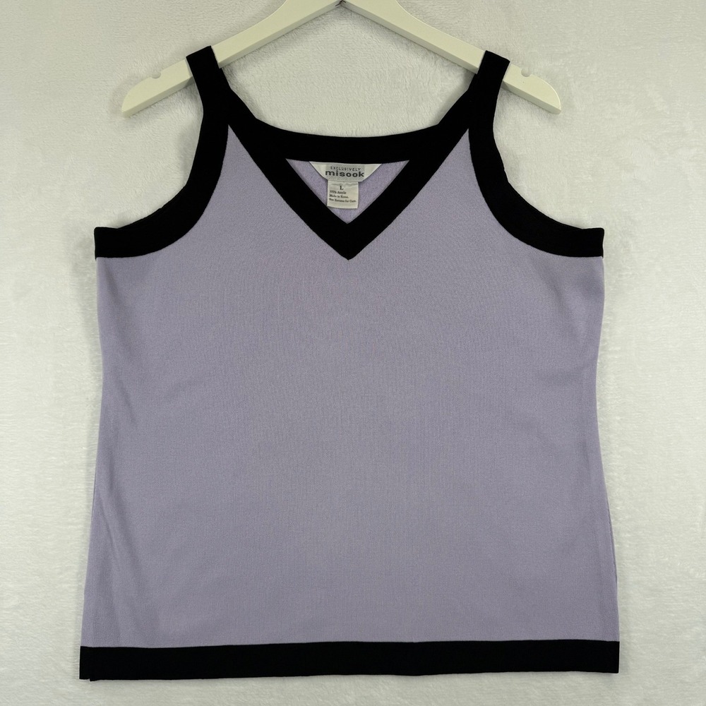 MISSOOK Womens L Lavender Black Trim V Neck Knit Tank Top Made in Korea